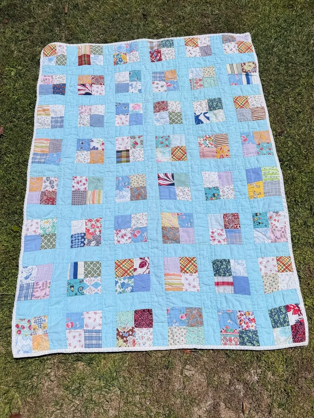 Vintage Patchwork Baby Lap Quilt Handmade Blue Pastels 32x43 Reversible Kitschy